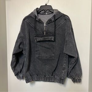 Boohoo Blue Black Denim Acid Washed Denim Hoodie Jacket Size 6 Retro Y2K Skater